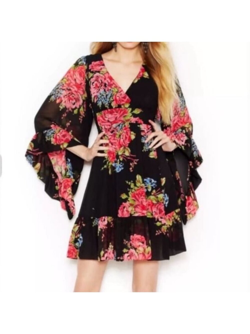 Betsey Johnson Black Bambi Floral Bell Sleeve Ruffle Hem Dress 8 | Y2K Boho Glam